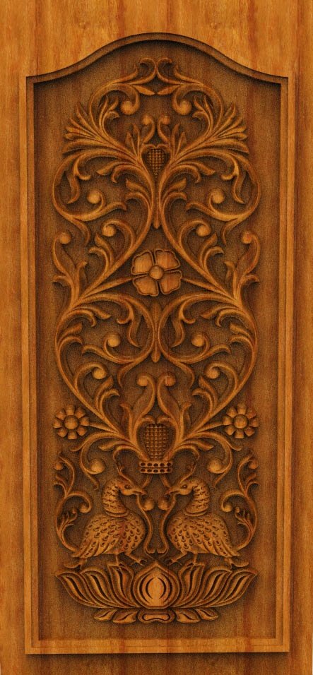3D DOOR - OAK-88 Traditional Peacock and Floral Relief Carved Panel